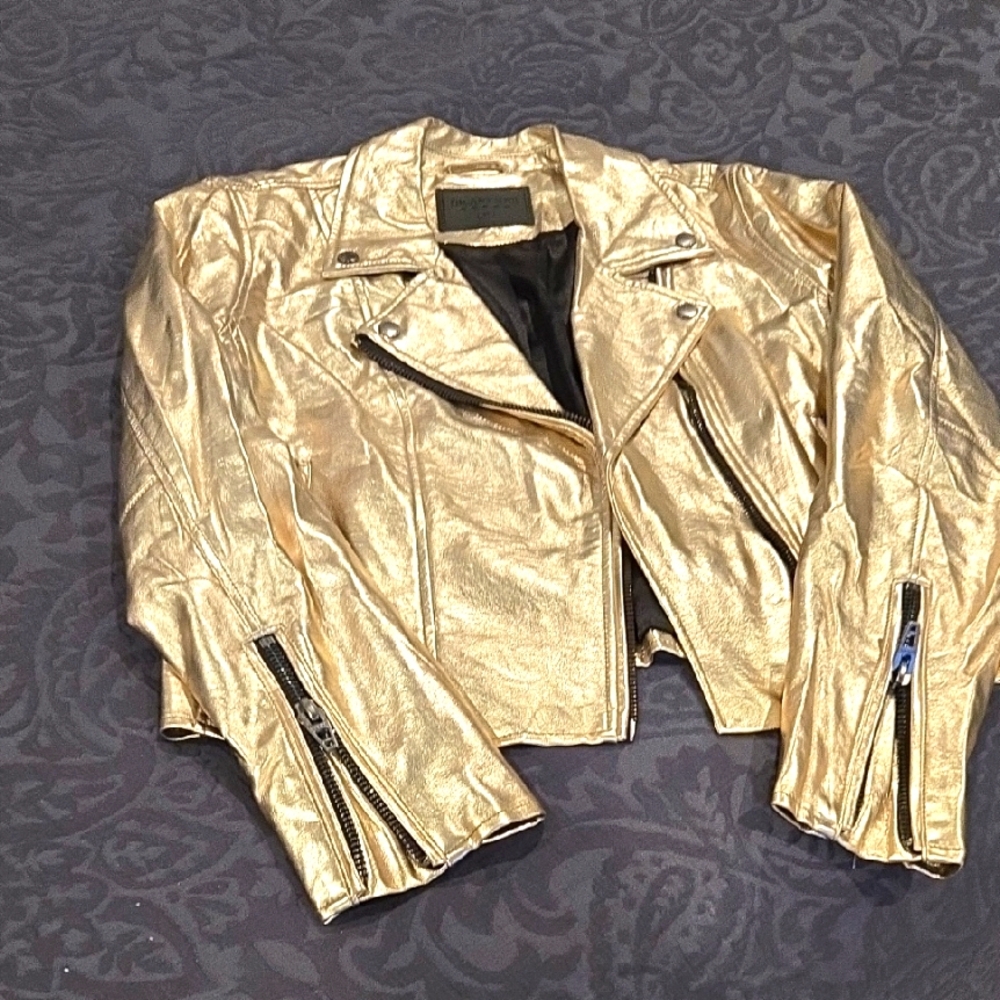 Blank NYC Gold Leather Biker Jacket with Asymmetrical Zipper